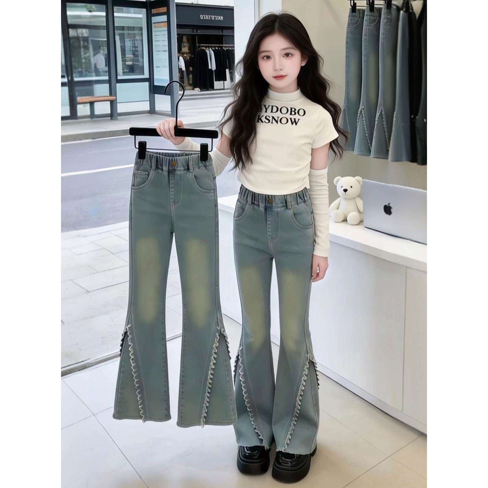 女童喇叭裤春夏款2026新款儿童高腰牛仔裤洋气女大童修身微喇裤子