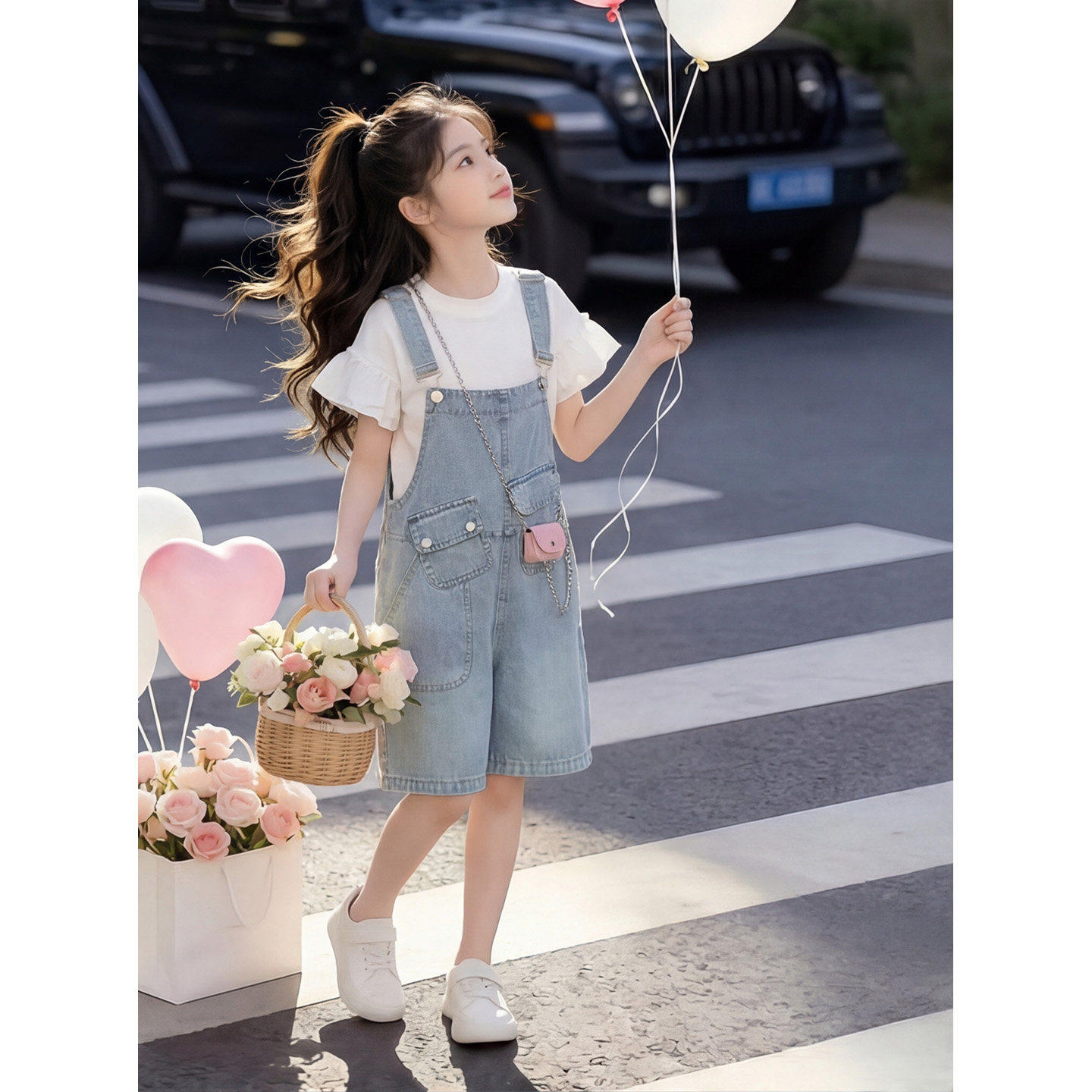 女童牛仔背带裤套装夏季2026新款洋气中大儿童韩版时髦短裤两件套
