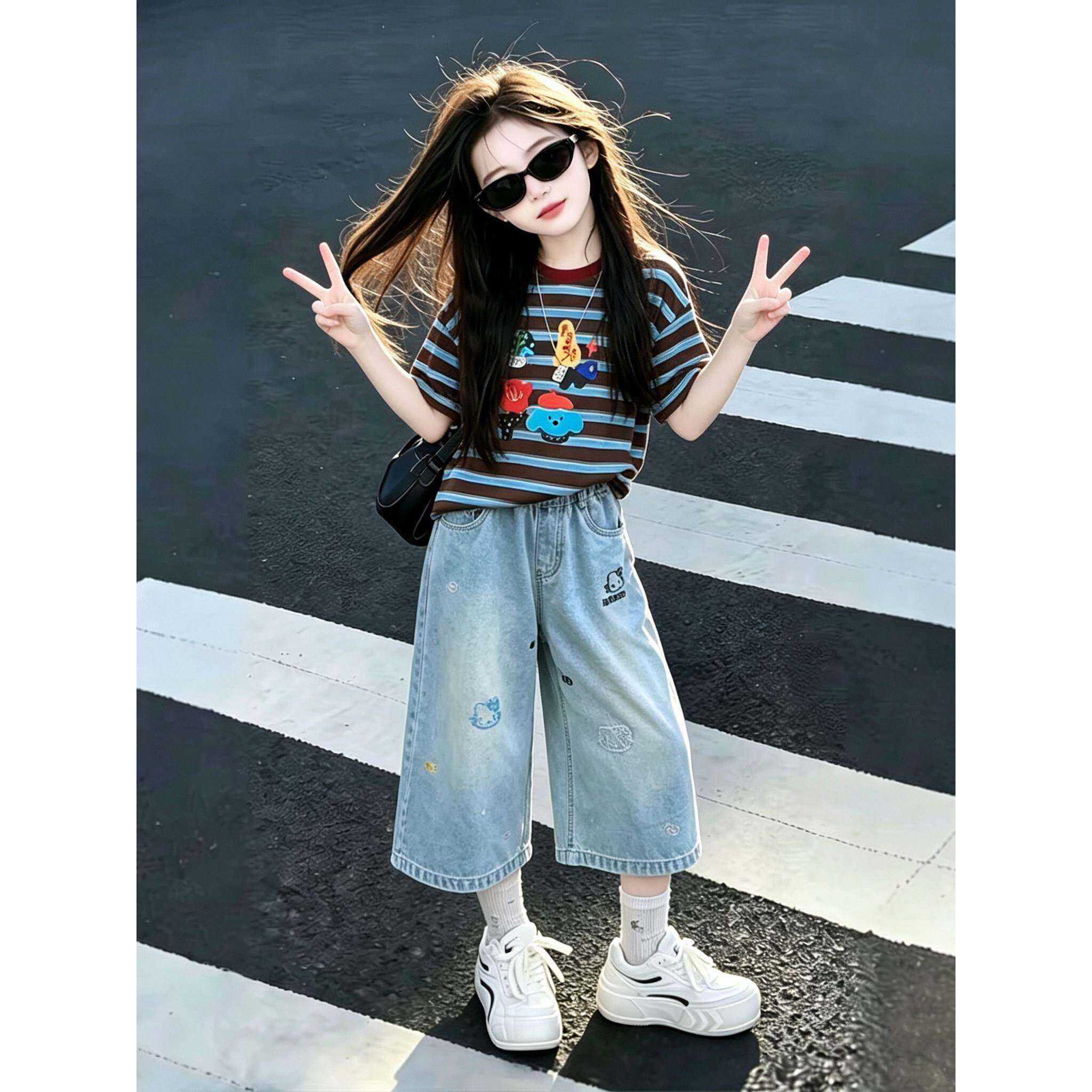 女童条纹T恤套装夏季新款9岁中大童卡通印花短袖休闲牛仔裤两件套