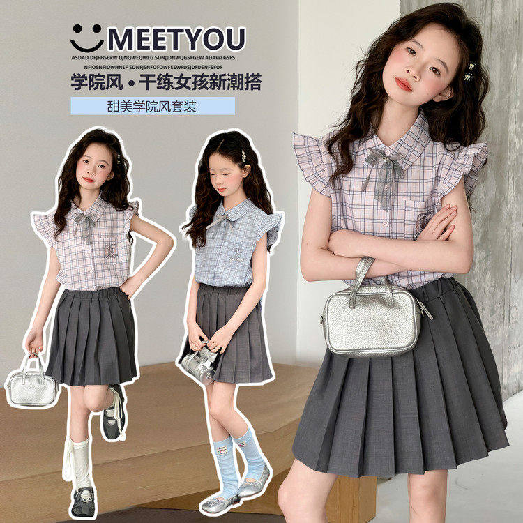 韩版学院风格子两件套女童夏季薄款洋气泡泡袖短袖衬衫百褶裙套装