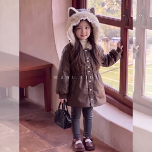 女童加绒皮衣派克服外套冬装2026新款加厚一体绒连帽PU中长款大衣