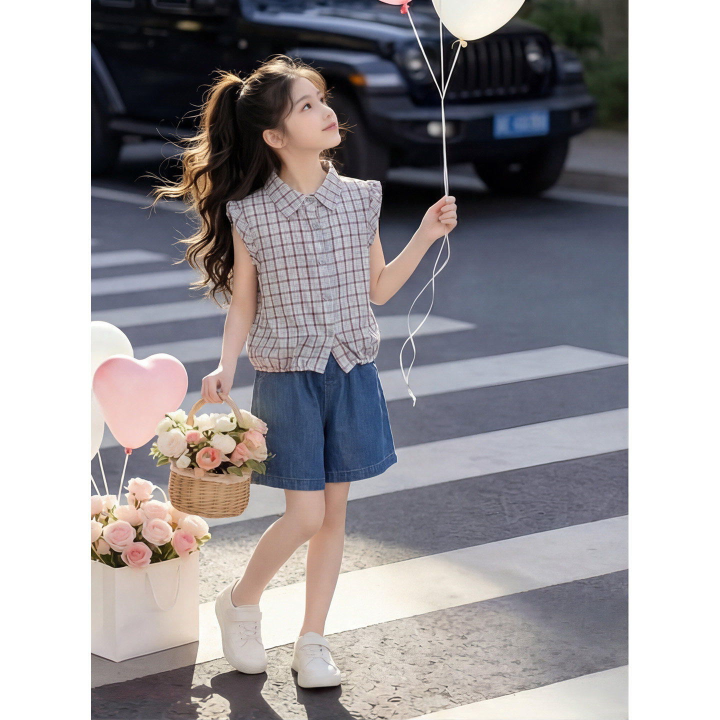 女童飞袖格子衬衫2026夏季新款休闲短袖上衣大儿童装洋气韩版衬衣