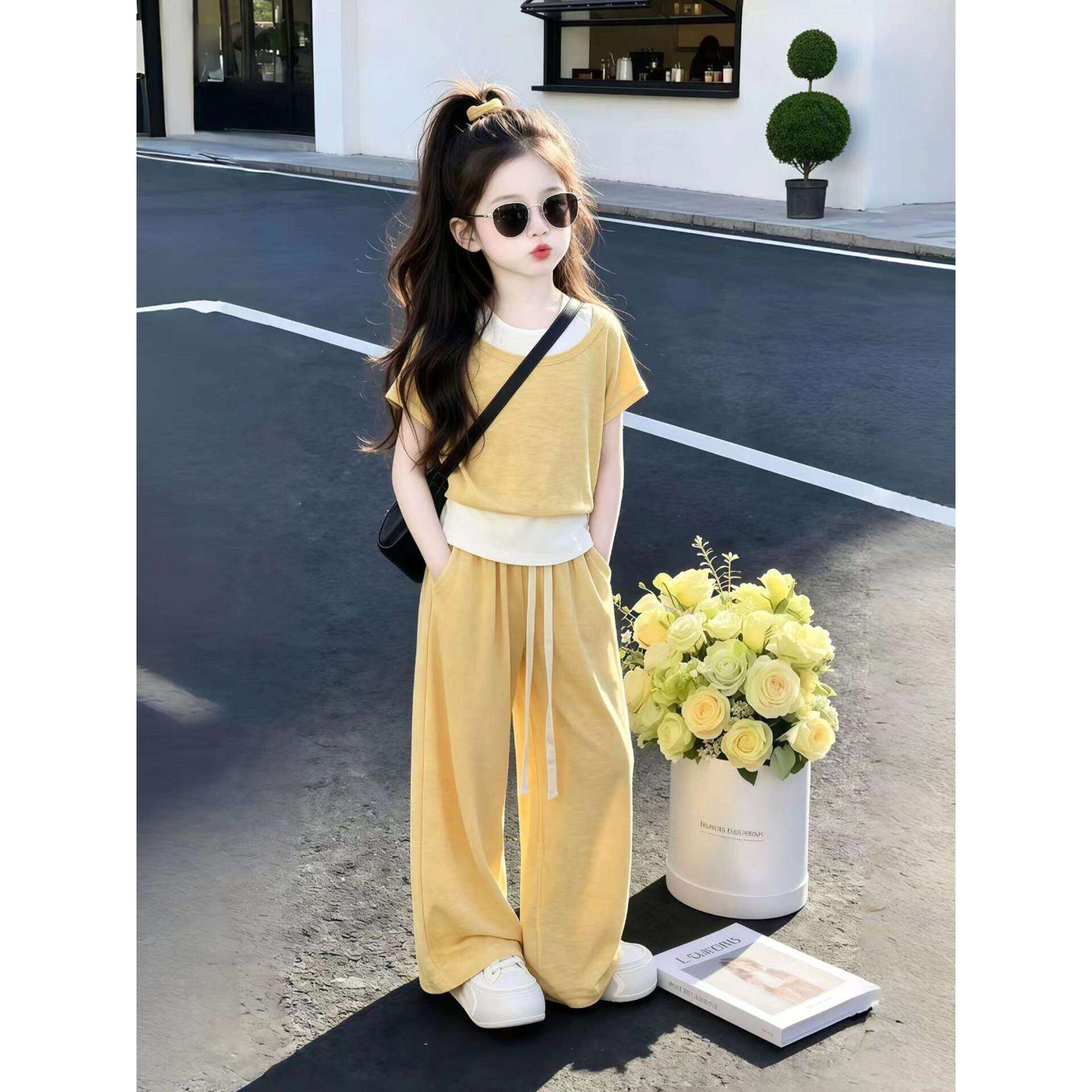 女童短袖套装夏2026新款儿童洋气时髦韩系长裤女孩大童假两件t恤