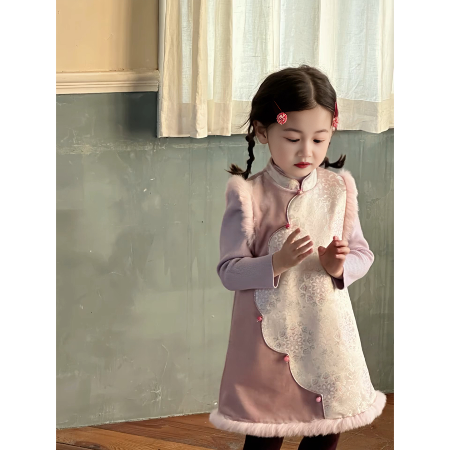 女童新中式织锦旗袍裙子生日礼服中国风唐装儿童加厚过新年拜年服