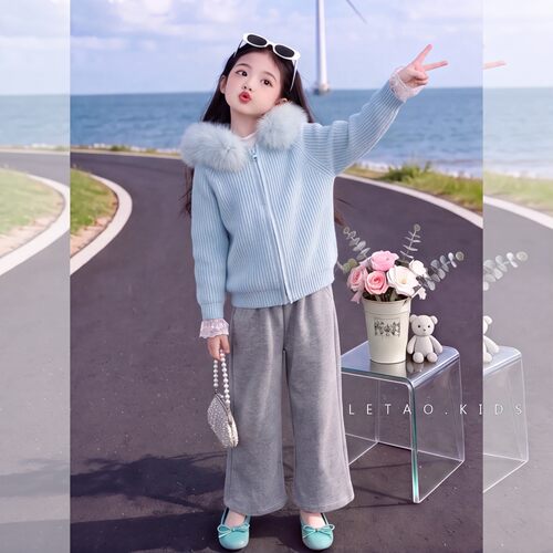 女宝甜美毛领连帽针织外套秋冬季
