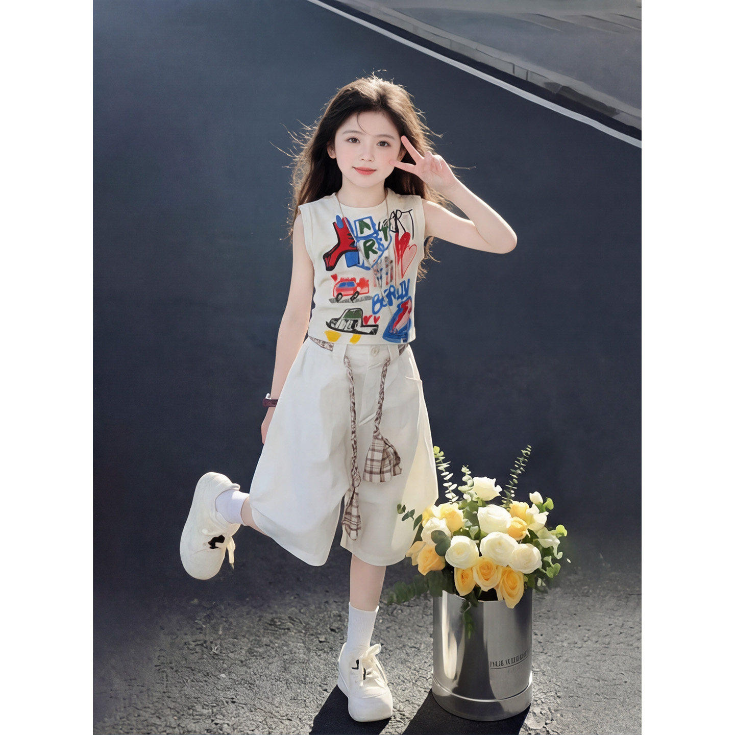 女童韩系辣妹白色中裤套装夏季2026新款儿童洋气短裤百搭五分裤子