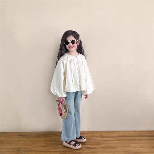 YOYO家2026春季新款 韩版童装 女童盘扣蕾丝泡泡灯笼袖衬衫气质