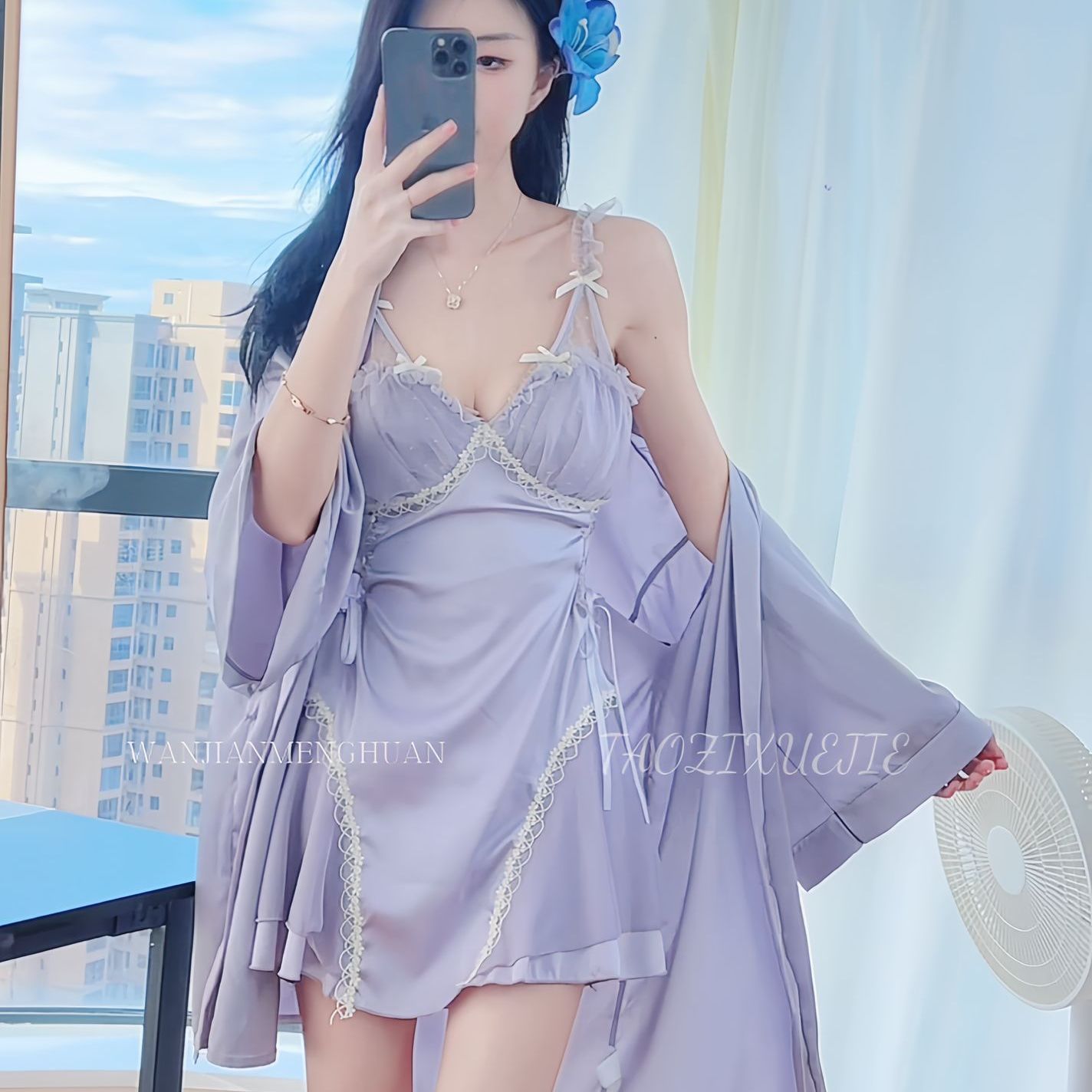 （梦莲）香芋紫睡裙女夏 显白温柔风睡衣家居服带胸垫可外穿