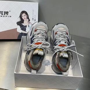 欧洲站2023秋网红高帮系带老爹鞋女ins超火复古真皮休闲运动鞋潮