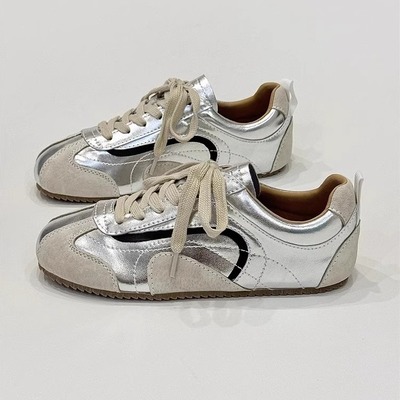 真皮休闲运动平底华夫阿甘鞋小白健身加绒板鞋软牛皮银色德训鞋女