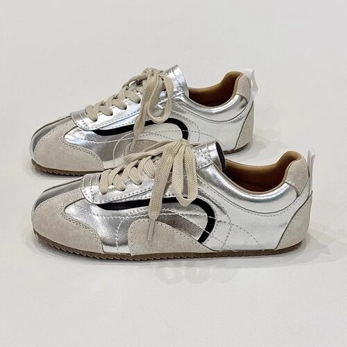 真皮休闲运动平底华夫阿甘鞋小白健身加绒板鞋软牛皮银色德训鞋女