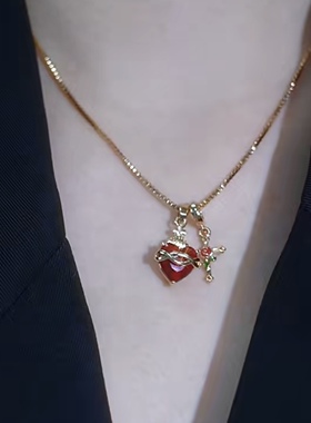 红色镶钻爱心项链女气质百搭锁骨链轻奢小众设计高级感毛衣链颈链