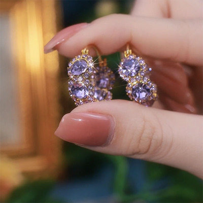 紫色锆石圈圈耳扣女小众设计个性