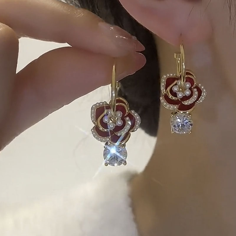 国风红色玫瑰花珍珠耳环复古