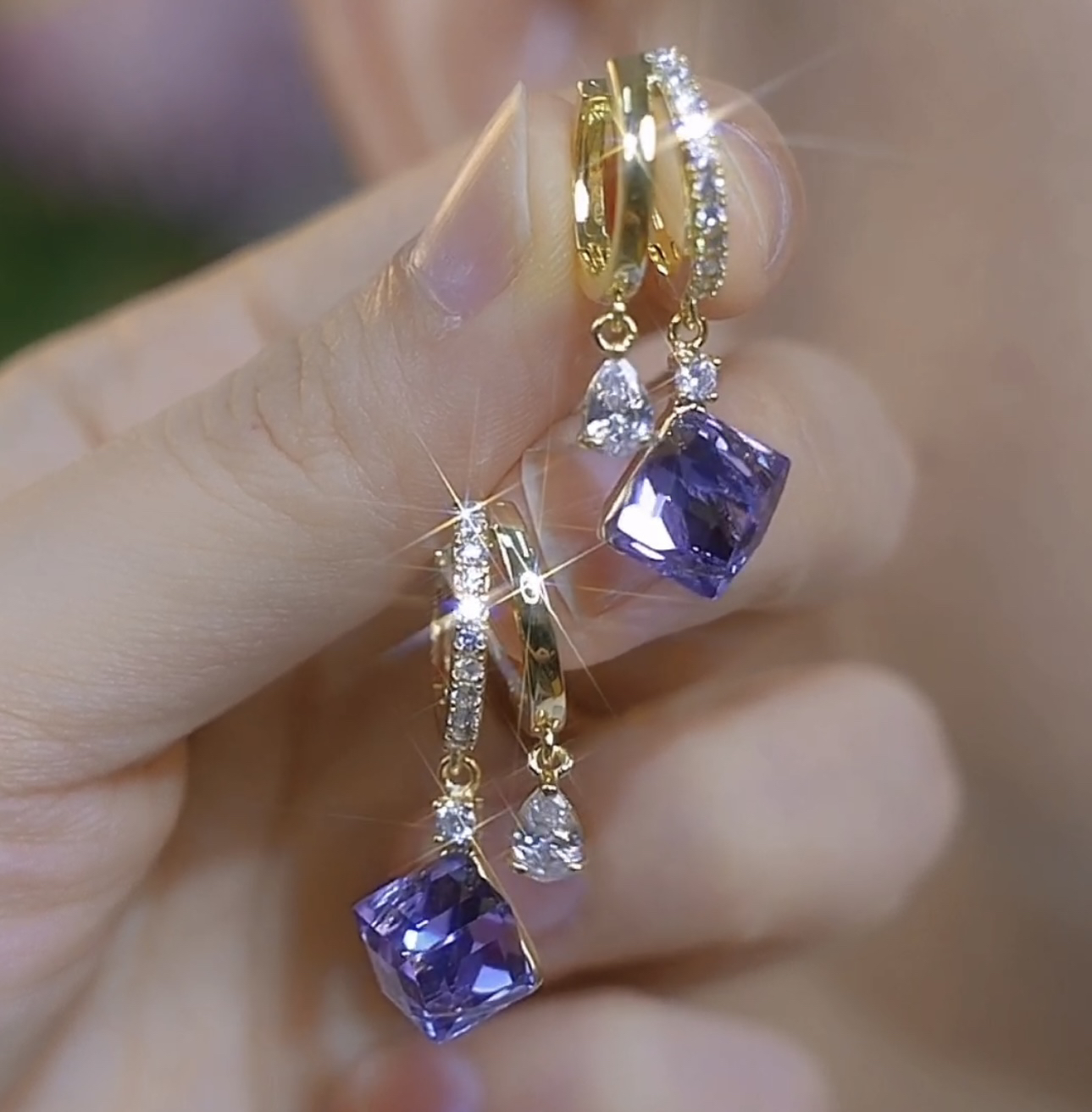 紫色水晶方糖耳扣2025年新款爆款轻奢气质高级感耳环显白百搭耳饰
