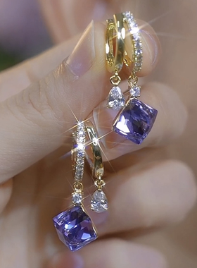 紫色水晶方糖耳扣2025年新款爆款轻奢气质高级感耳环显白百搭耳饰