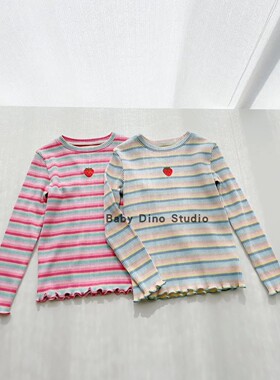 现货Baby Dino定制款女童两色彩色条纹草莓坑条圆领长袖T恤