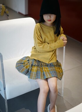 现货Baby Dino定制款女童暖阳色调黄色羊毛针织开衫黄色格纹半裙