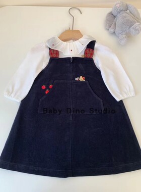 现货Baby Dino定制款女童卡通刺绣躲猫猫牛仔背带裙