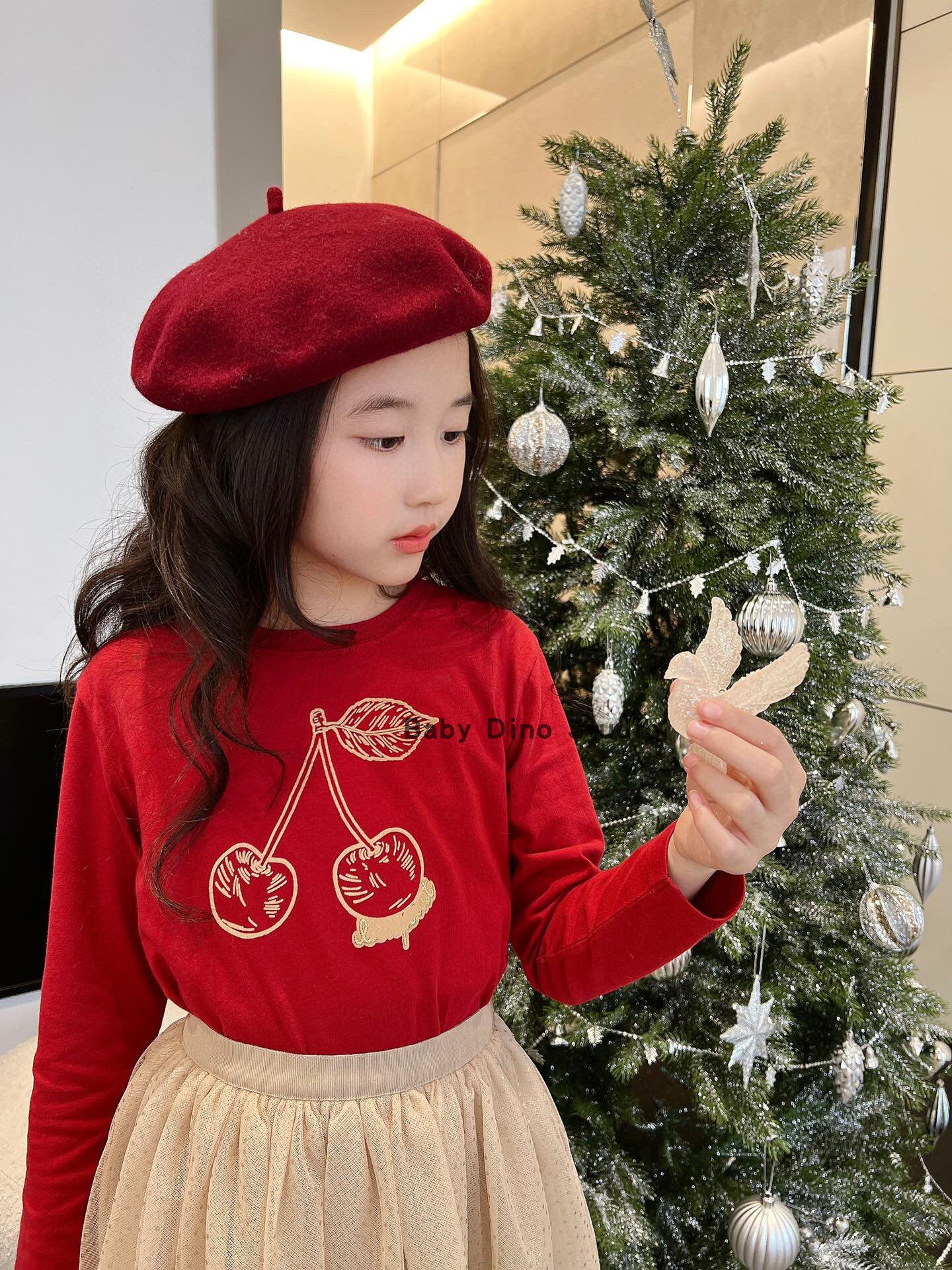 现货Baby Dino定制款女童樱桃绛红色长袖圆领套头T恤
