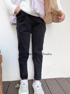 现货Baby Dino定制款女童灰色小脚拉绒保暖修身加厚牛仔长裤