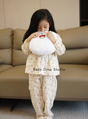 现货Baby Dino定制款女童长袖全棉纱花朵印花娃娃领家居服套装