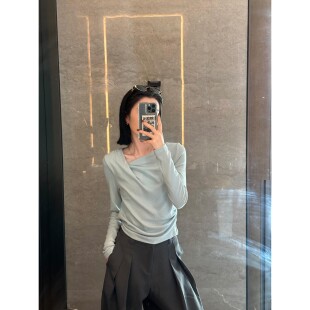 t恤女通勤设计感小众别致长袖 荡领修身 上衣 打底衫 YERUNLU新款