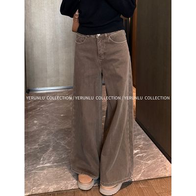 YERUNLU美式微喇牛仔裤女2025秋冬加绒低腰不贴腿宽松小个子