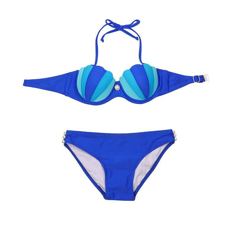 水族馆人鱼虞姬三角游泳衣小胸钢托聚拢bikini渐变蓝色贝壳比基尼