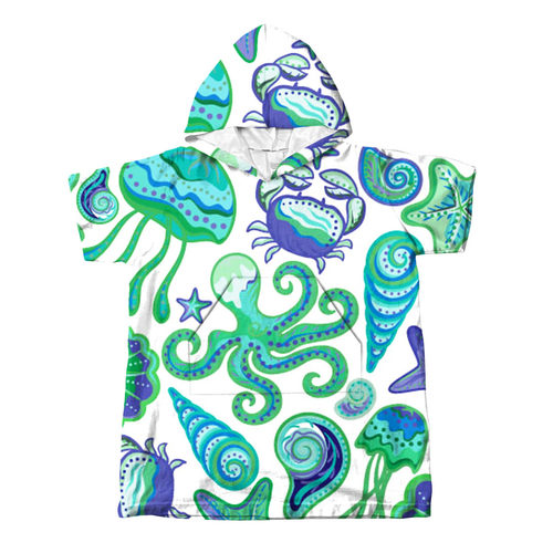 儿童口袋短袖海洋动物连帽浴巾