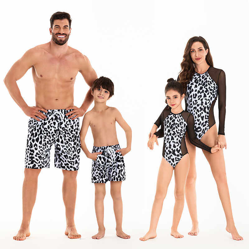 欧美亲子游泳衣家庭母女连体豹纹比基尼 父子沙滩裤松紧腰游泳装2
