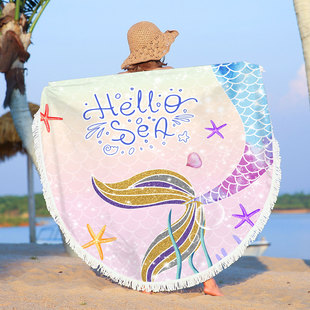 海边沙滩美人鱼沙滩巾 流苏超细纤维毛巾户外游泳潜水圆形沙滩垫1