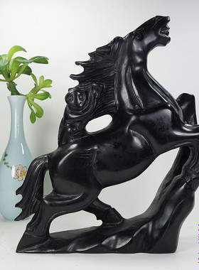 天然黑墨玉石马上封侯摆件