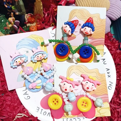 手作反斗马戏团娃娃小丑搞怪卡通个性纽扣珠珠925银耳环耳饰女