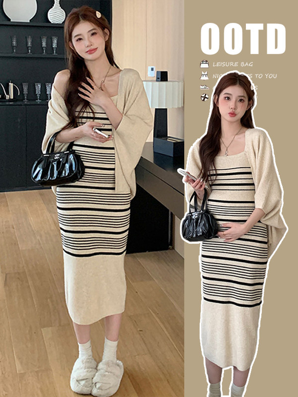 출산 가을 드레스 2024 새로운 정장 서양식 가을 겨울 유행 줄무늬 게으른 스타일 투피스 세트 초가을