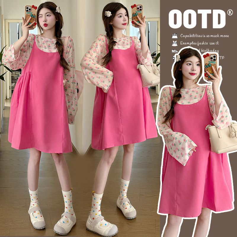 PREGNANT SPRING DRESS DOPAMINE SUNDRESS 2024 SUMMER NEW SUIT TOP SPRING AUTUMN STRANDS SKIRT