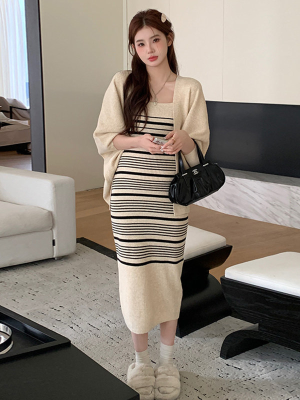 출산 가을 드레스 2024 새로운 정장 서양식 가을 겨울 유행 줄무늬 게으른 스타일 투피스 세트 초가을