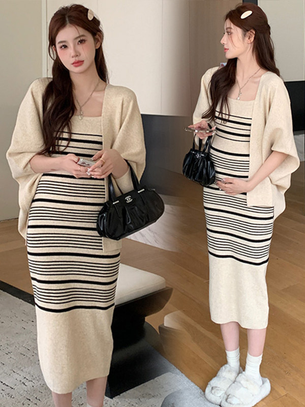출산 가을 드레스 2024 새로운 정장 서양식 가을 겨울 유행 줄무늬 게으른 스타일 투피스 세트 초가을