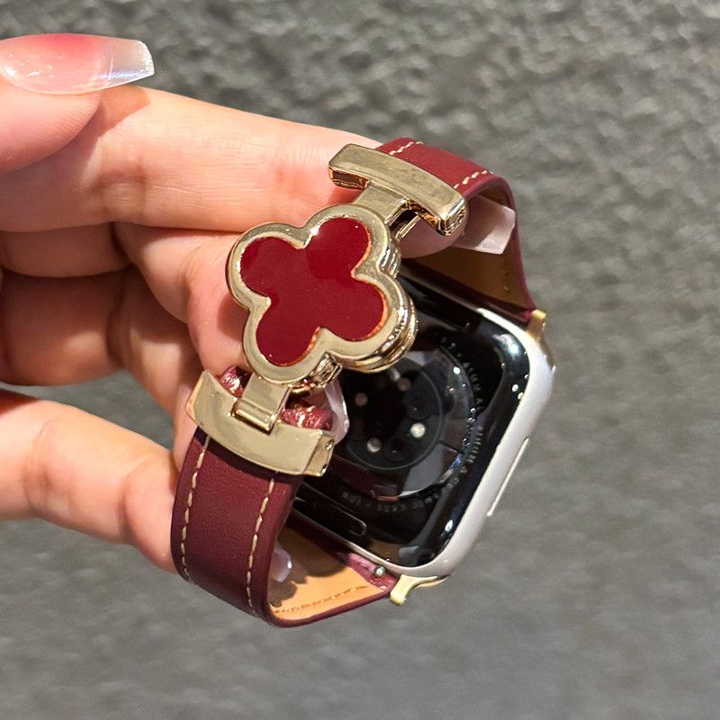四叶草磁吸扣皮质苹果手表表带适用于Apple Watch11SEiwatch89S10