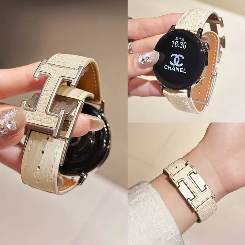 磁吸H扣荔枝纹真皮适用华为gt5手表带gt45GT32pro夏季新款watch43