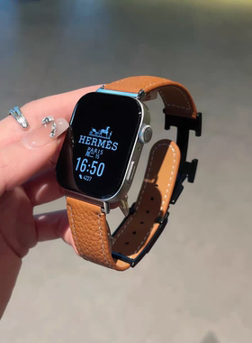 适用华为fit3/gt5手表表带gt4/3pro 牛皮H扣watch4荔枝纹真皮女款