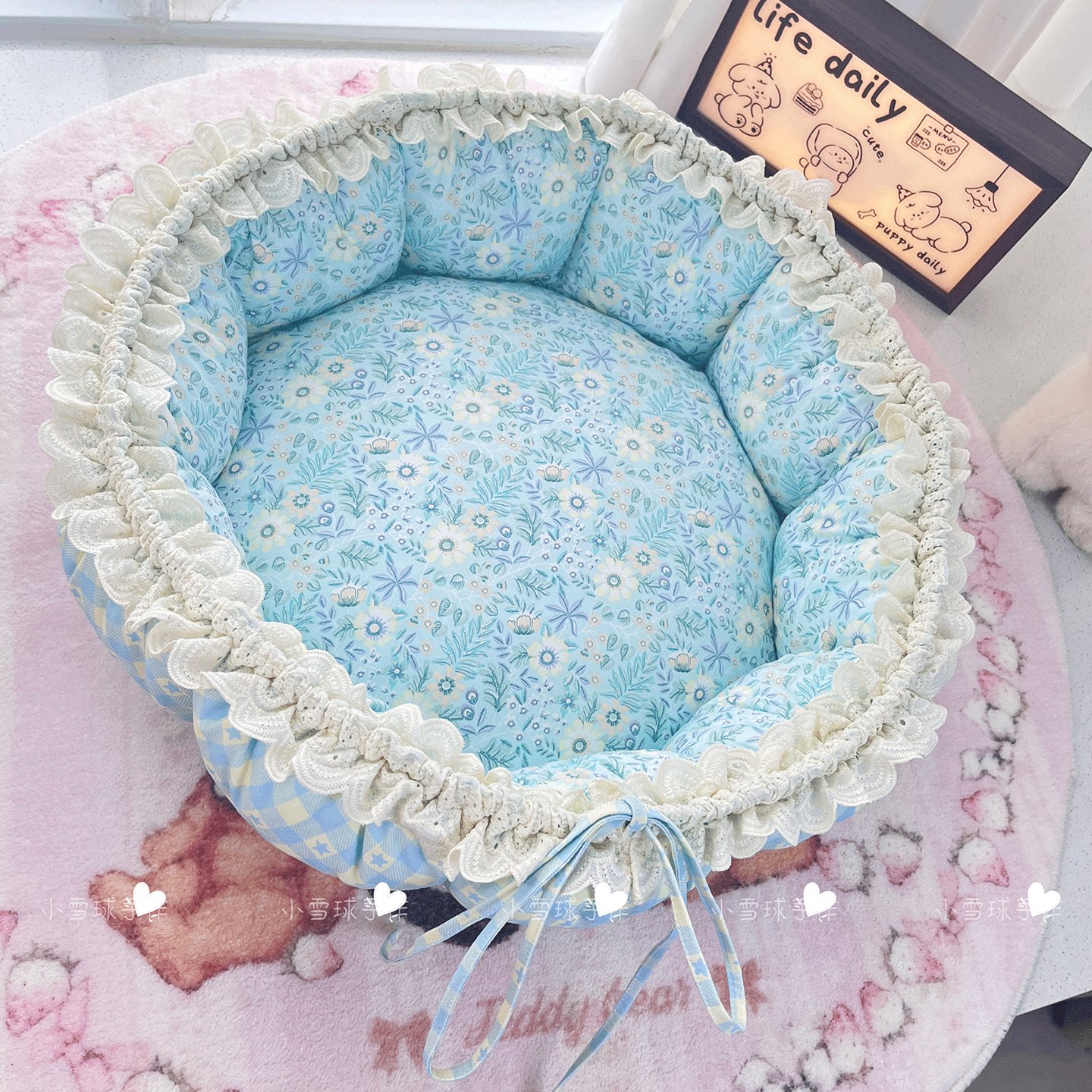 手工花苞窝浅蓝雏菊小清新纯棉八安细帆布高定猫狗窝双边蕾丝花边