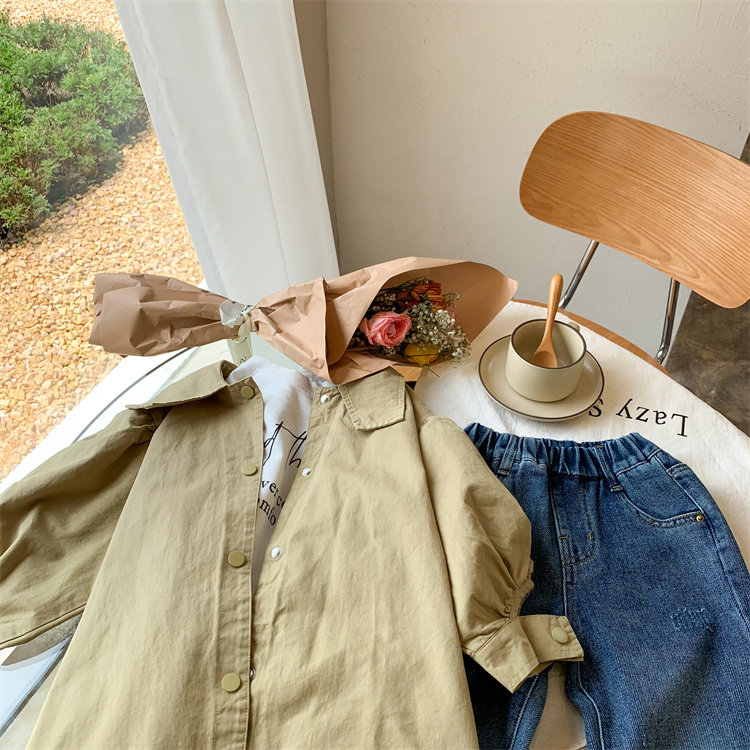 여자 캐주얼 윈드 브레이커 2022 가을 새로운 한국 스타일 어린이 소녀 중간 길이 유행 옷깃 자켓 트렌디 코트