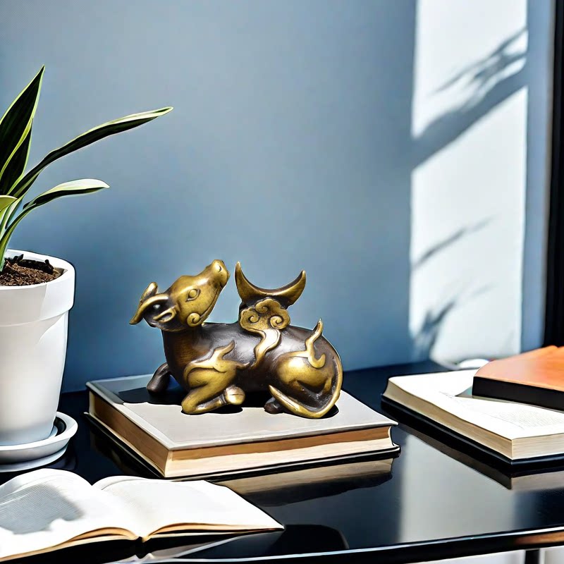纯铜犀牛望月摆件书房桌面装饰创意家居酒柜中式风水精致摆设复古