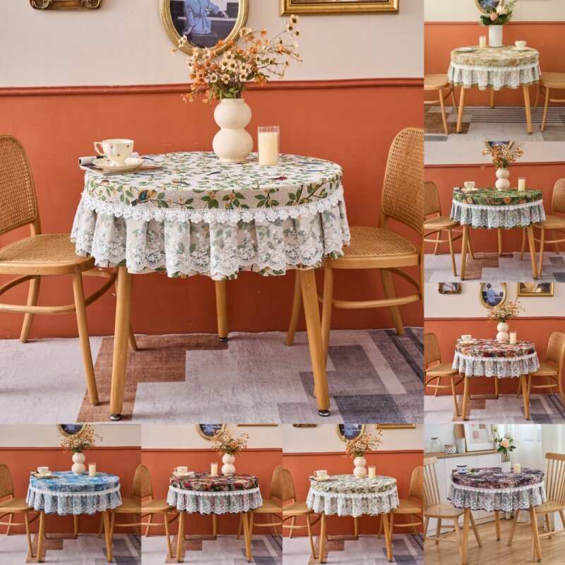 防滑棉麻布艺古典轻奢欧式防尘圆正方形餐桌台布茶几圆桌刺绣花边