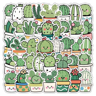 60张仙人掌简笔画贴纸创意趣味装饰手机壳玻璃门iPad防水贴画diy