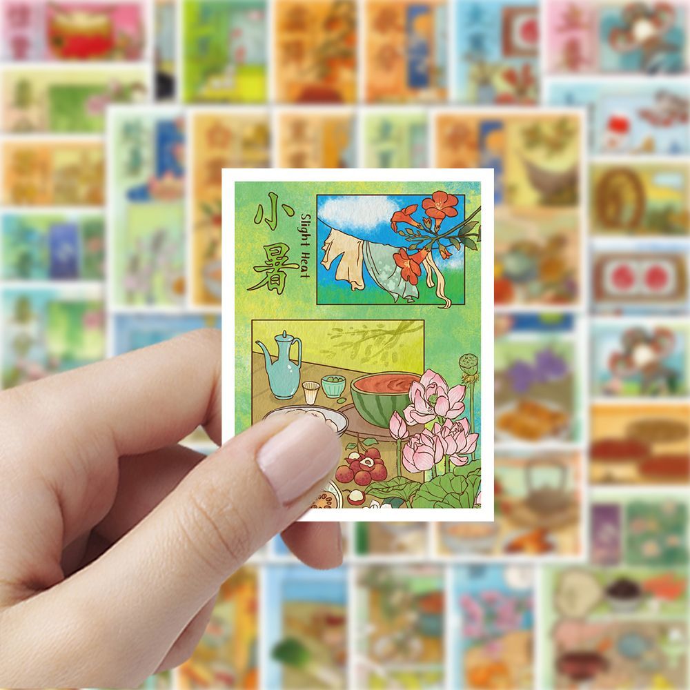 二十四节气小海报贴纸卡通创意风景插画贴图diy手机壳笔记本装饰