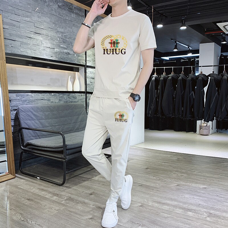 夏天冰爽运动服套装男士夏季潮流搭配帅气跑步裤冰丝短袖休闲一套