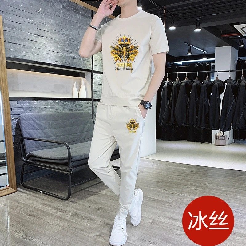 冰丝套装男夏季薄款休闲运动裤时尚韩版潮流青少年短袖上衣两件套