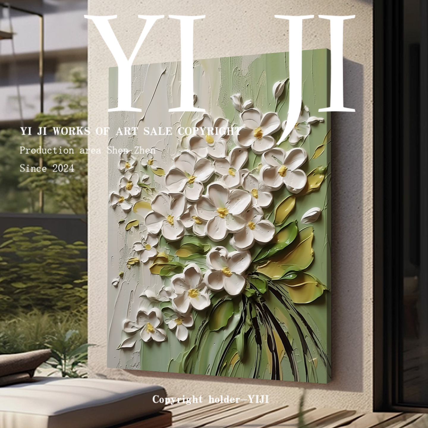 YJ.ART原创手绘《浮白叠梦》自然系花朵肌理玄关卧室高级感挂画